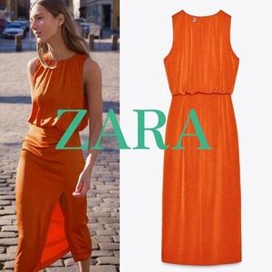 ZARA : Orange‎ Gathered Midi Dress